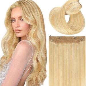 Brand New 100% Human Hair Extensions Halo Wire & Clips 18" Blonde w/ Highlights